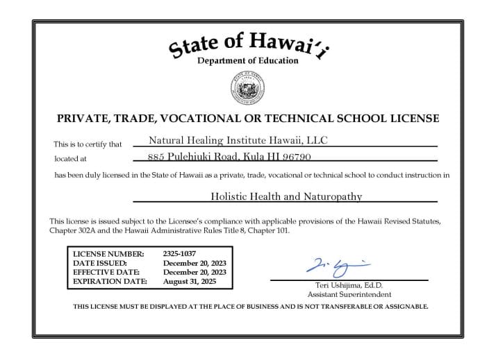 Hawaii License NHI in Holistic Health and Naturopathy